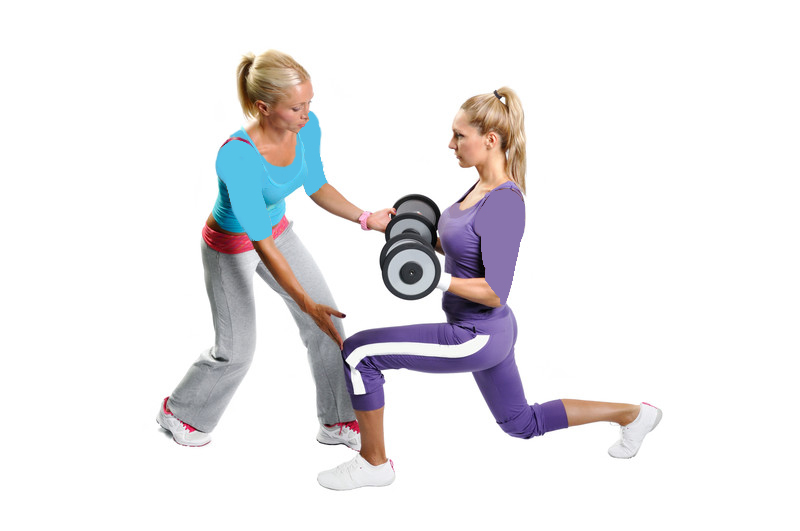 A female trainer guiding a client through a lunge
